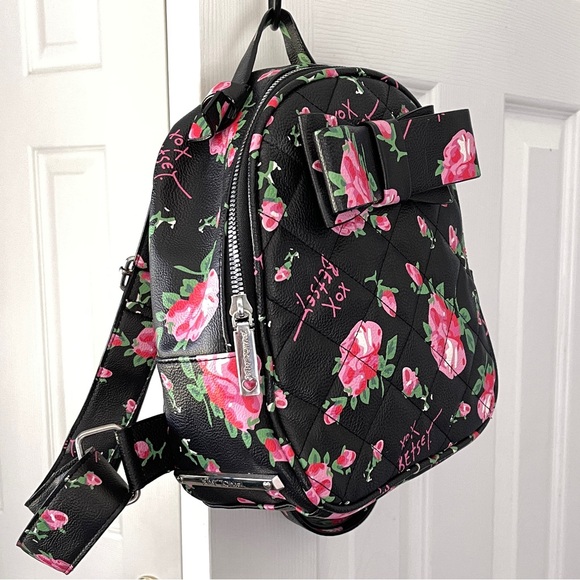 Betsey Johnson Floral Black Mini Backpack with Pink Accents - Picture 2 of 12